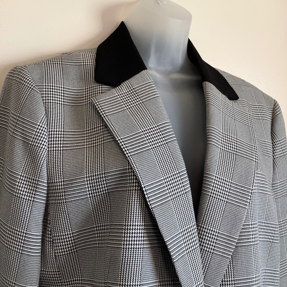Black Label by Evan-Picone Glen Plaid Blazer Velvet Collar Grey Black Size 18